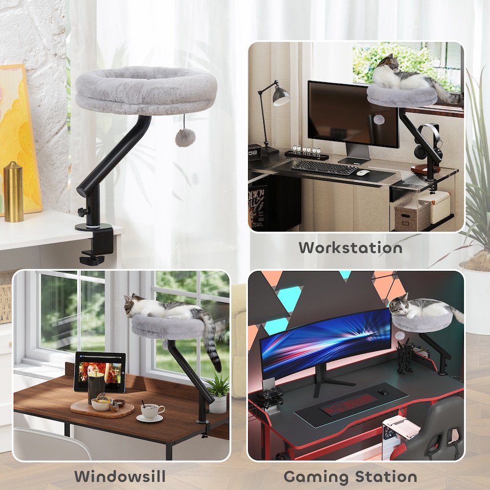 image 1 of PawHut Cat Bed for Desk, 360 degrees Rotatable Adjustable Elevated Cat Desk Bed, Comfortable Soft Plush Kitten Hammock Nest Cushion Machine-Washable