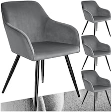 Dining Chair Marilyn - with armrests, padded, velvet look, black steel legs - Set of 4 Grey | Grey/Black