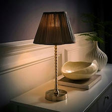 ValueLights Maeve Dark Grey Pleat Faux Silk Scallop Shade Chrome Bobbin Table Lamp with Bulb Silver