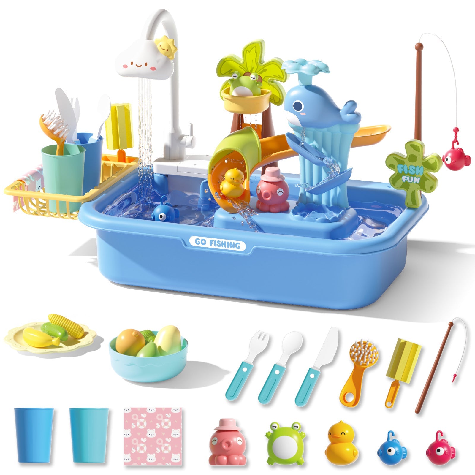 4‑in‑1 Kids Play Sink with Running Water – Electric Faucet, Pretend Dishwasher, Fishing Game, Water Table & Duck Slide Sensory Toy for Toddlers Ages 3+ (Blue)