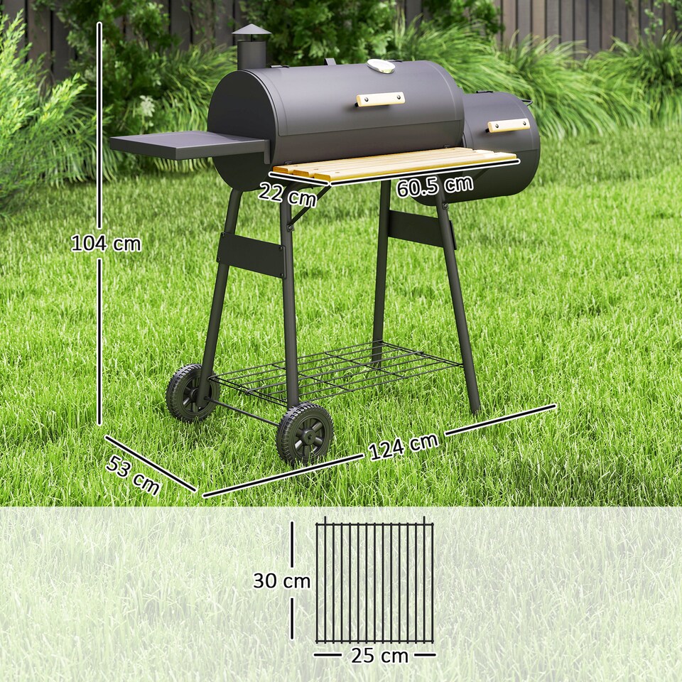 image 1 of Outsunny Portable Charcoal BBQ Grill Steel Offset Smoker Combo Backyard | Black | Black