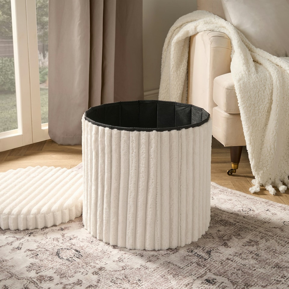 image 1 of OHS Soft Fleece Ribbed Round Foldable Footstool Seat Storage Organiser Ottoman Cream