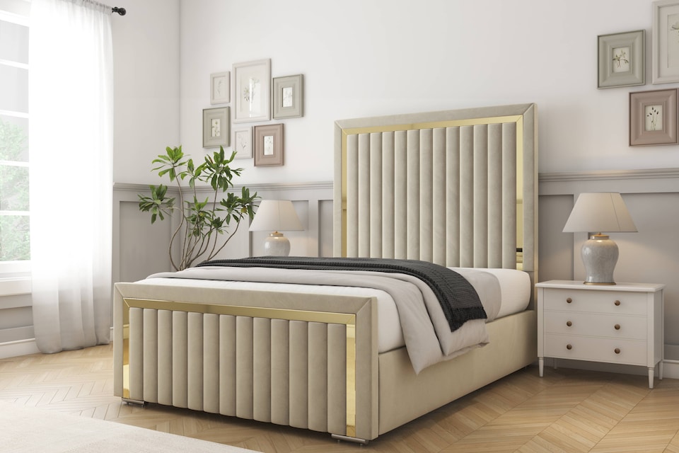 image 1 of Sloomy Boston Gold Cream Plush Bed Frame With 50" Upholstered Headboard 4'6 Double