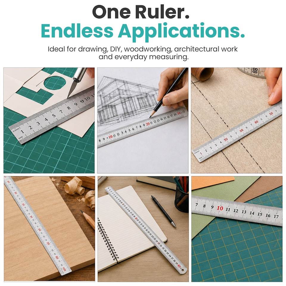 image 1 of Stainless Steel Ruler, 2-Side Measuring Steel Ruler CM & Inches - 40cm