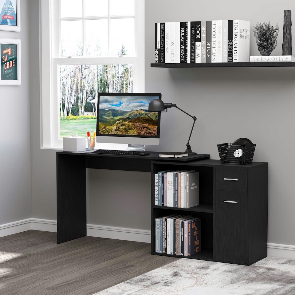 image 1 of HOMCOM Computer Desk 180° Rotating Dining Table W/ Storage Shelf Black