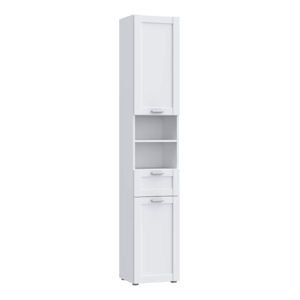 image 1 of Lokko Tall Narrow Bathroom Cabinet with 2 Doors & 1 Drawer with Silver Handles in White