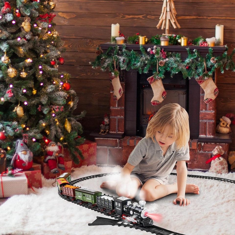 image 1 of Christmas Tree Toy Steam Train Set with Lights Sounds Christmas Train Set Electric Train Set