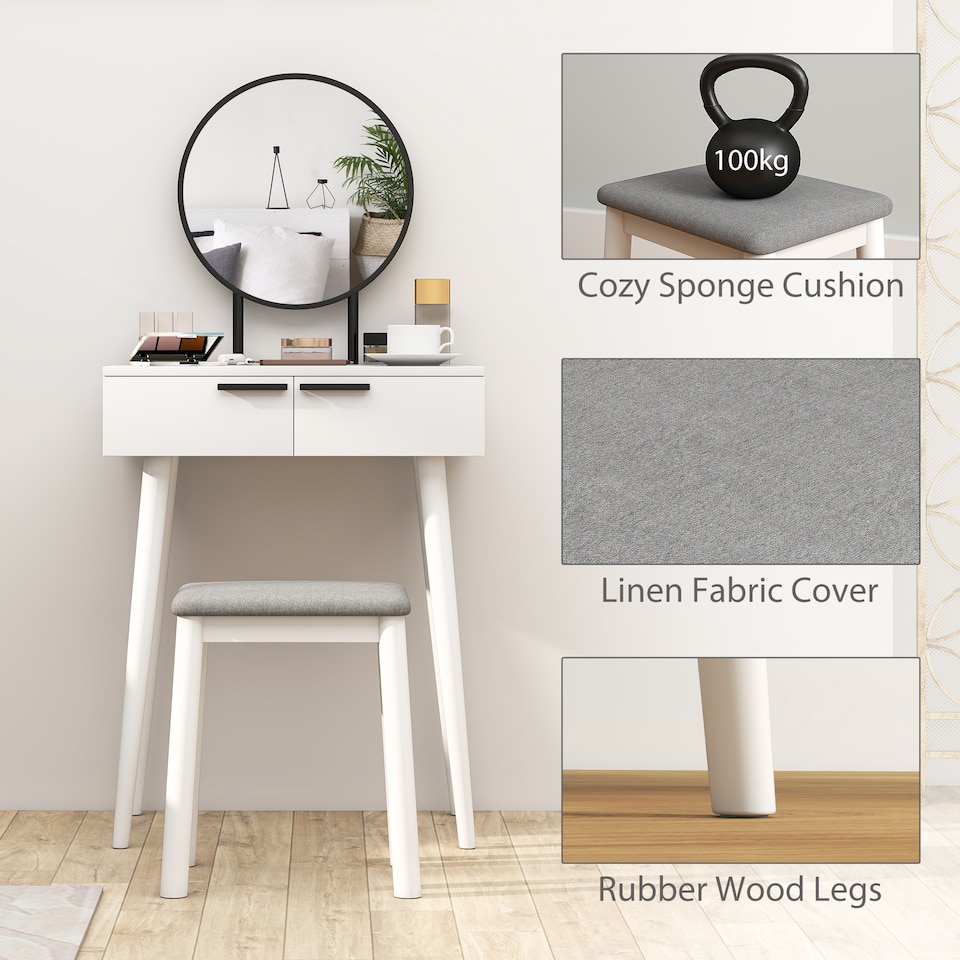 image 1 of HOMCOM Dressing Table Vanity Set Make Up Desk with Mirror & Stool White | White