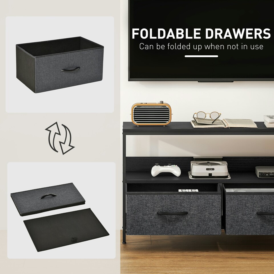 image 1 of HOMCOM TV Cabinet, TV Console Unit with 2 Foldable Linen Drawers Black