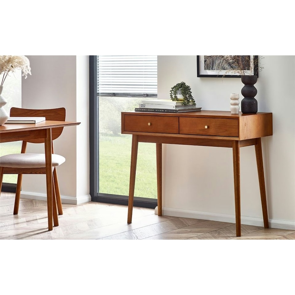 image 1 of Cherry Ash Writing Desk with 2 Drawers Brown