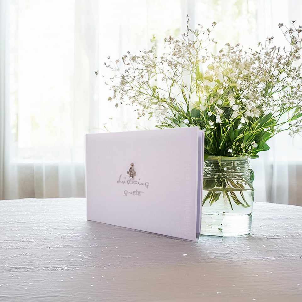 image 1 of Beautiful White Satin Fabric Christening Guest Book with Silver Metal Cross