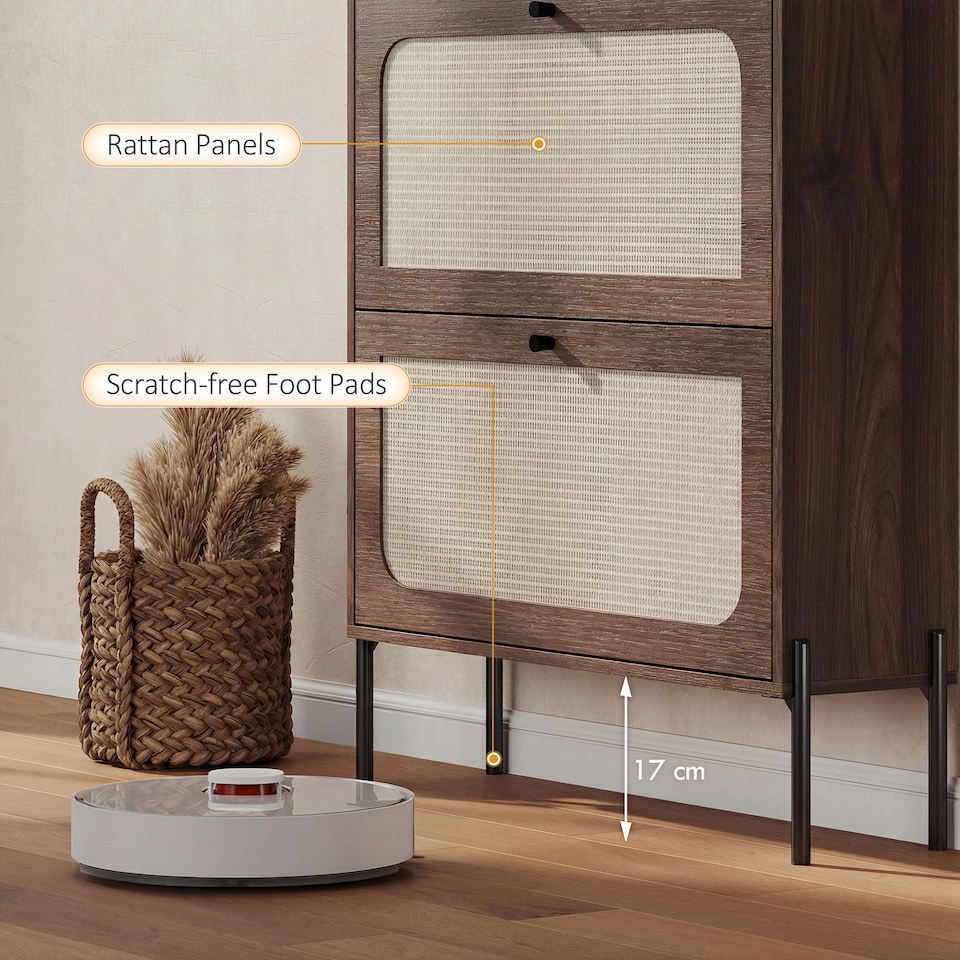 image 1 of HOMCOM Boho Narrow Shoe Cabinet, Shoe Rack with 2 Flip Drawers | Black | Dark brown | 80W x 23.7D x 99.5H cm
