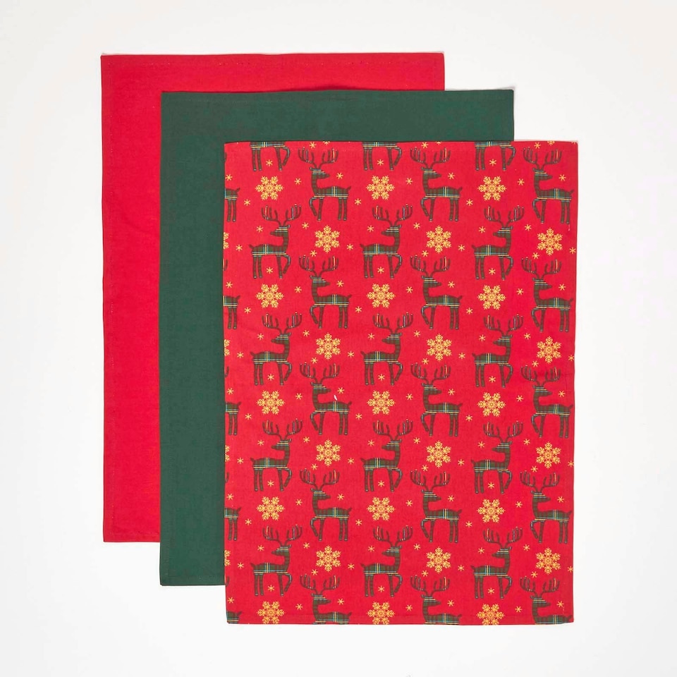 image 1 of Homescapes Red Reindeer Set of 3 Christmas Tea Towels | Red | One size | 3