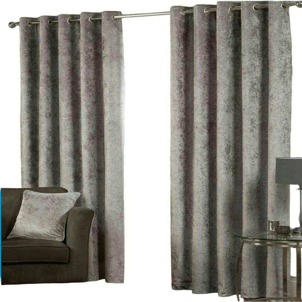 image 1 of Crushed Velvet Eyelet Curtains - Silver - 116 cm x 229 cm