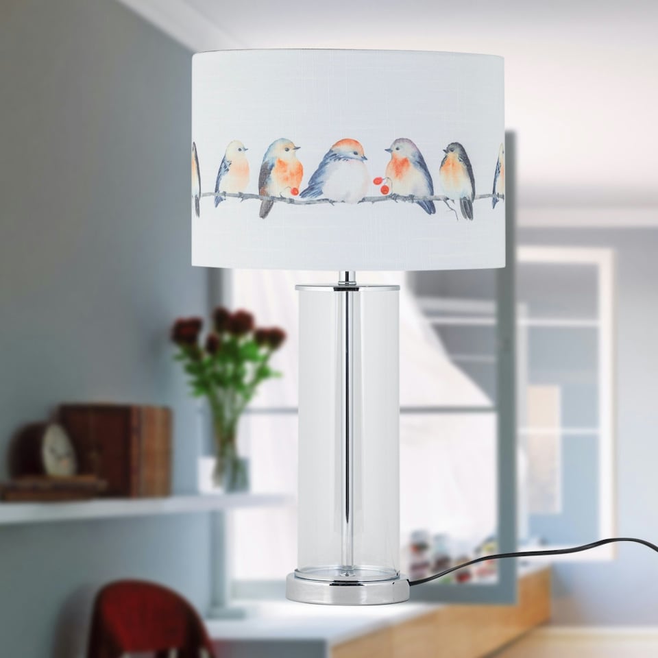 image 1 of Set of 2 Aura - Chrome Table Lamps with Bird Print Linen Shades Chrome | Multi