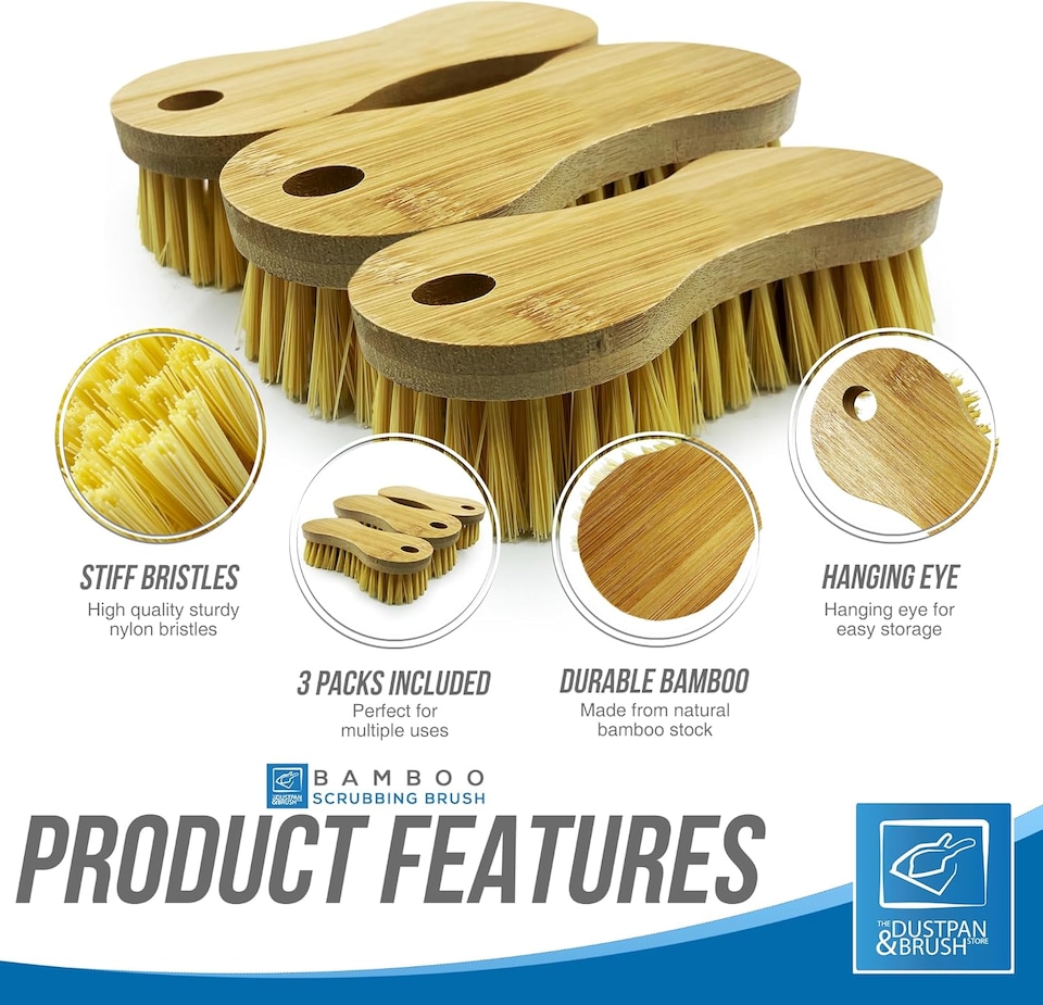image 1 of Bamboo Stiff Scrubbing Brush Heavy Duty Hand Scrub Brush Set for Tiles & Carpets - Pack of 3