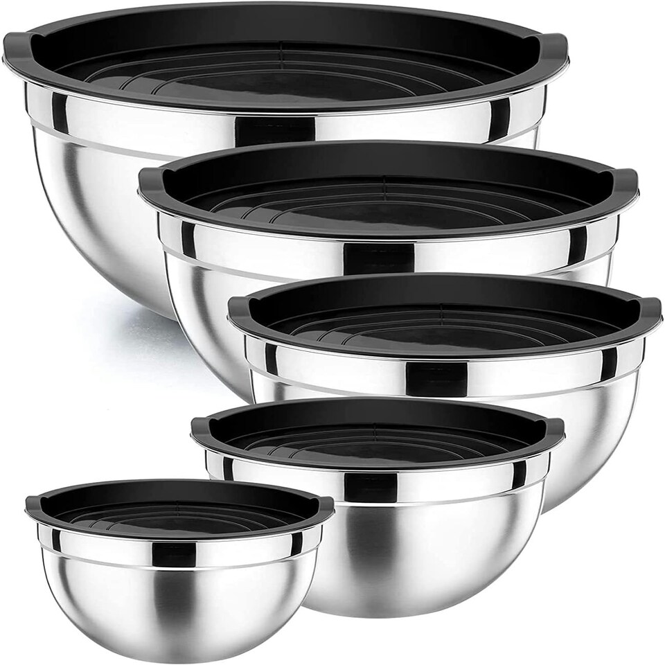 image 1 of Mixing Bowl Set of 5, Stainless Steel Nesting Bowls for Meal Preparation Kitchen Baking Air Tight Black lids