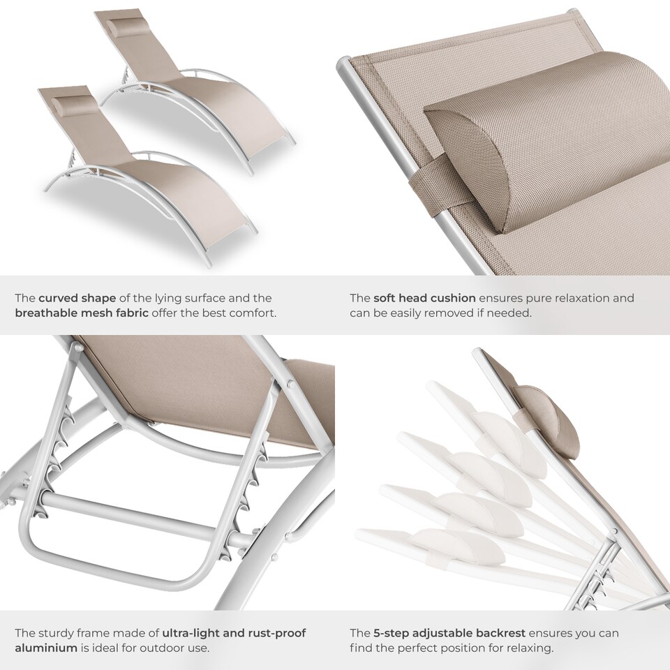 image 1 of Sun Lounger Set of 2 Alina - 5-step backrest, head cushion, aluminium frame | Cream | beige | 2