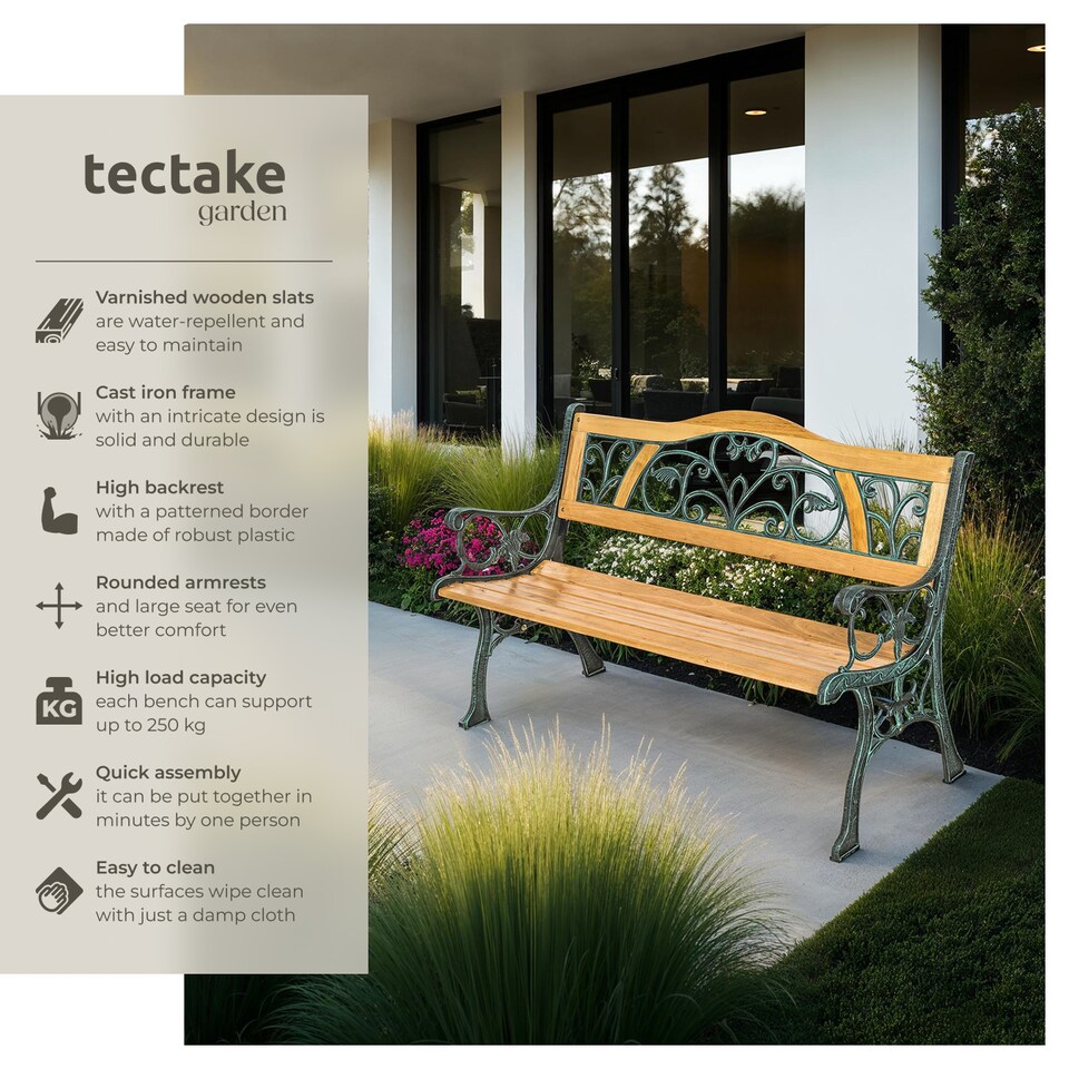 image 1 of Garden Bench Kathi - 2-seater, wood, cast iron, 124 x 60 x 83 cm | Brown | brown | 1