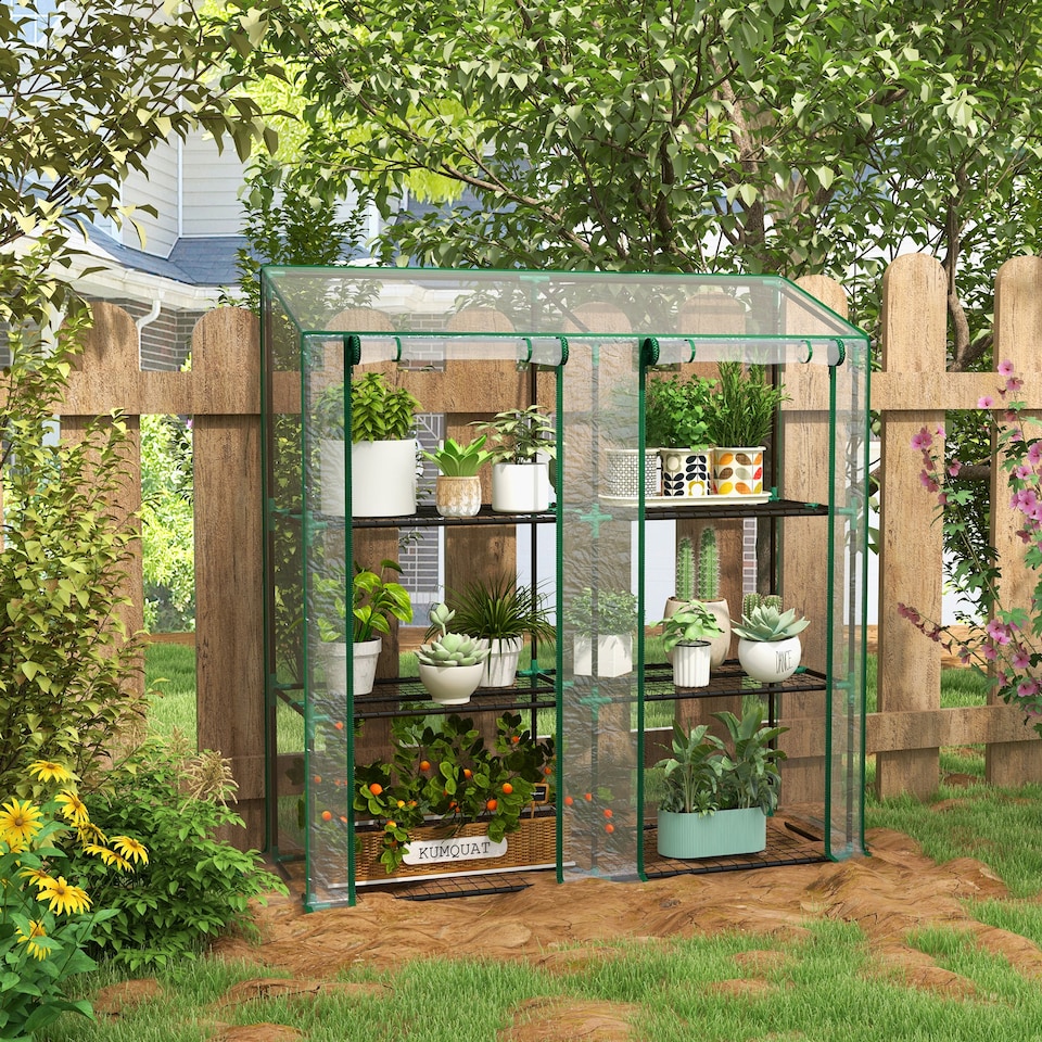 image 1 of Outsunny Mini Green House with 3 Tier Shelves, 151H x 143W x 46Dcm, Clear