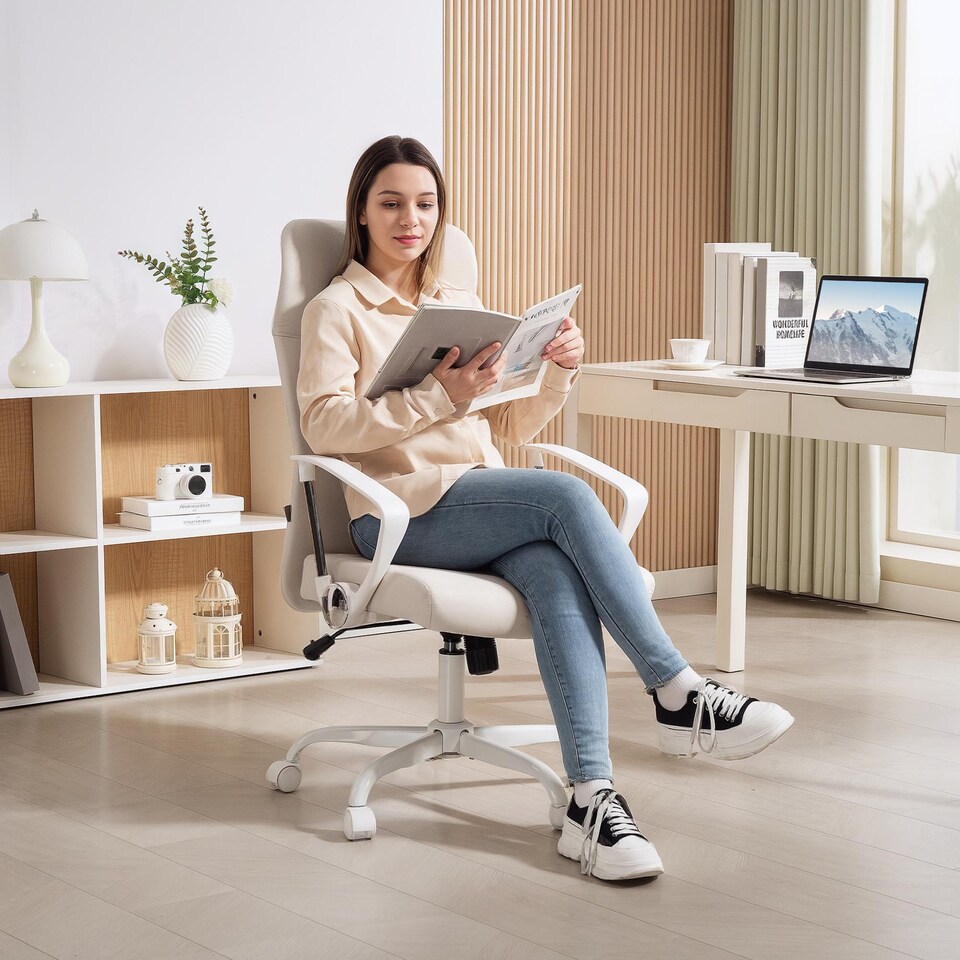 image 1 of HOMCOM Office Chair, Fabric Computer Desk Chair with High Back, Swivel Wheels, Armrest, Tilting Function, Height Adjustable for Home, Cream White | White