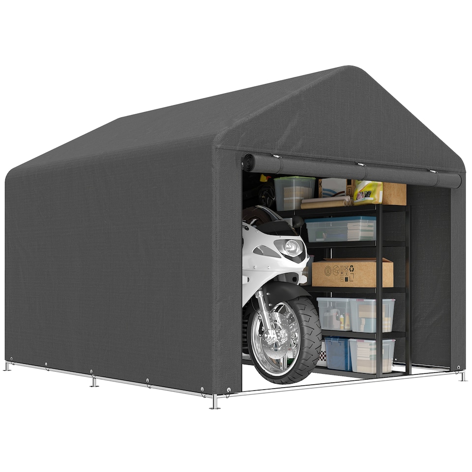 image 1 of Outsunny 6.6 x 7.8ft Outdoor Garden Storage Shed, Waterproof Bike Tent with Roll-up Zipper Door, Galvanised Metal Frame, Portable Shed Shelter Carport for Motorcycle Garden Tools, Dark Grey