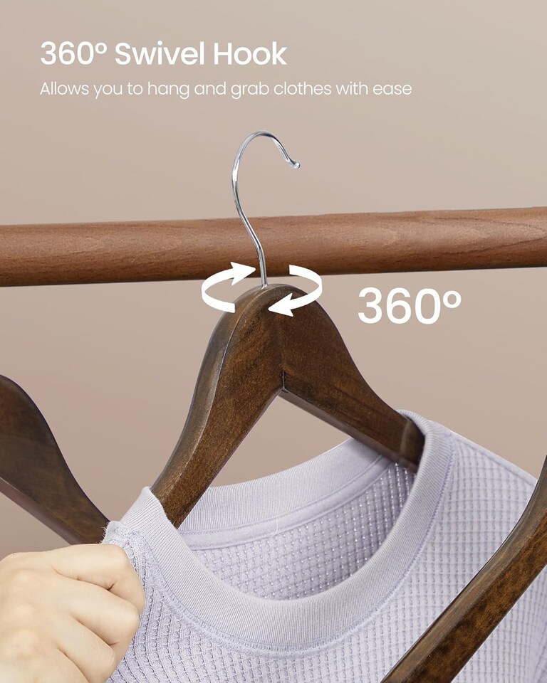 image 1 of 20-Pack Wooden Clothes Hangers with Shoulder Notches, Trouser Bar and Swivel Hook, Dark Walnut