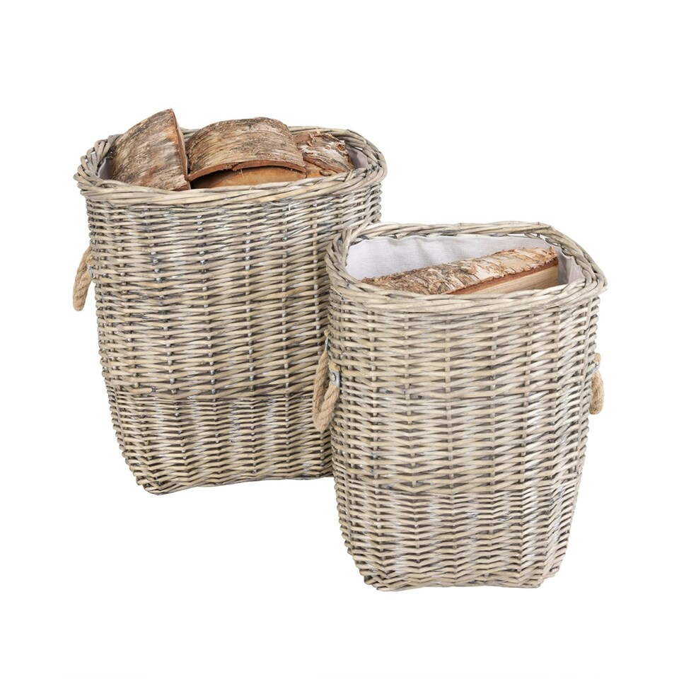 image 1 of Charles Bentley Snug Set Of Two Fabric Lined Wicker Log Baskets Handmade Rope