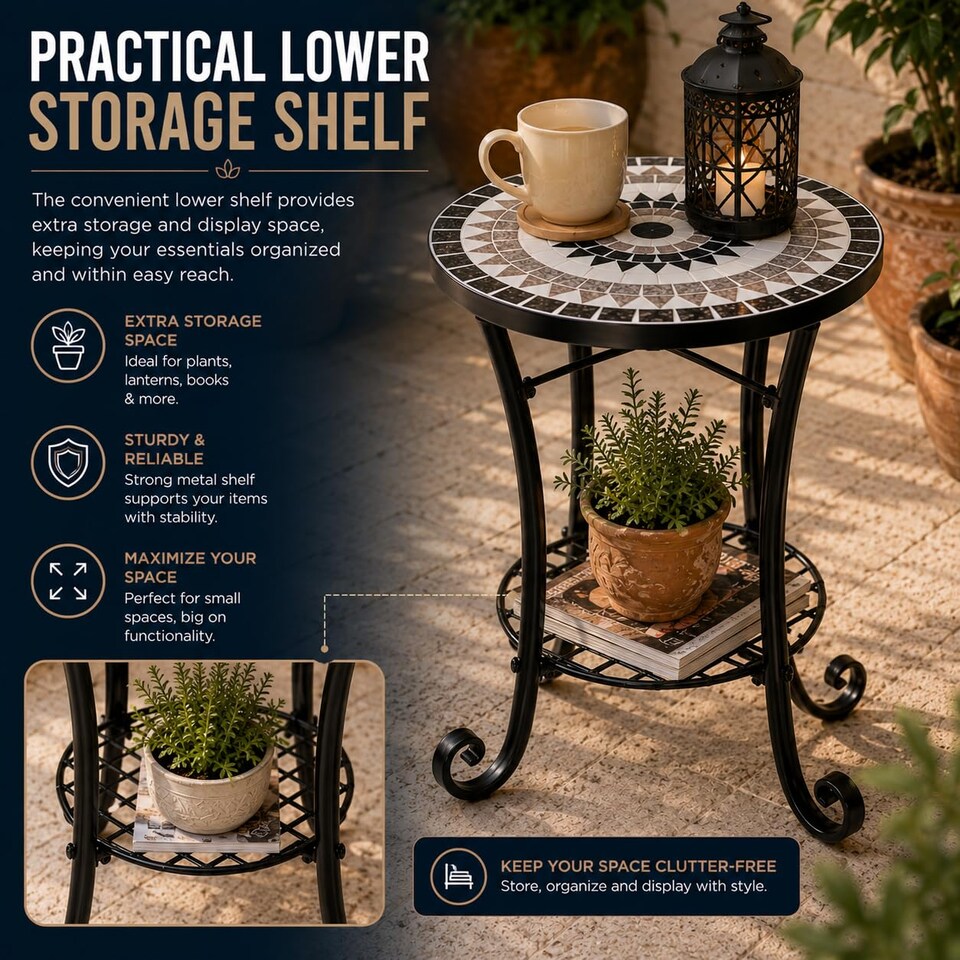 image 1 of Medina Mosaic Plant Stand Side Table with Ceramic Tile Top for Indoor and Outdoor Use