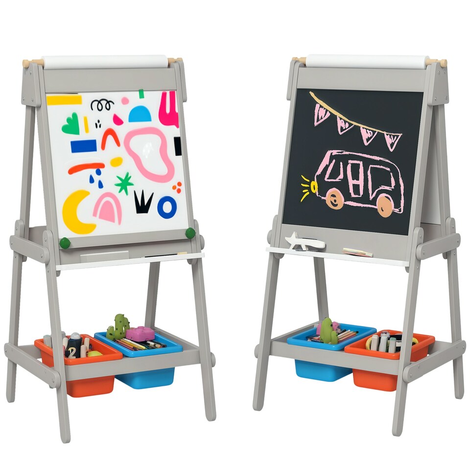 image 1 of AIYAPLAY Double-Sided Art Easel for Kids with Paper Roll, Storage Boxes Grey