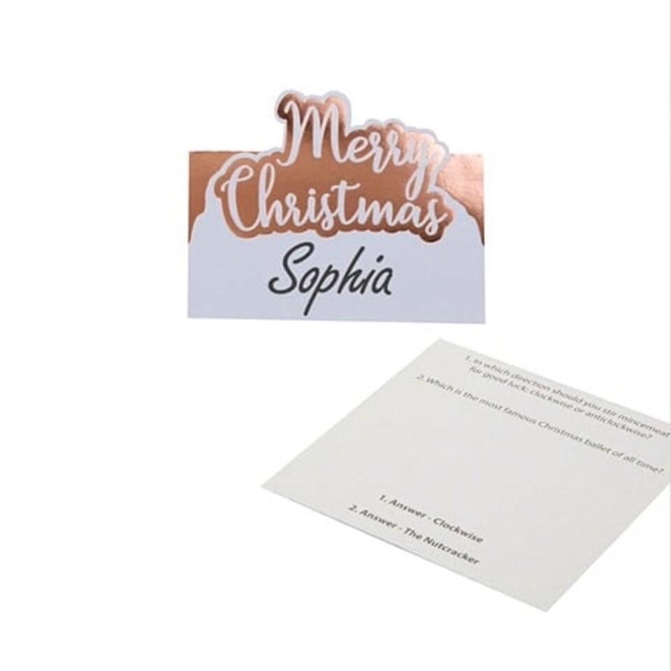 Foil Rose Gold & White Dots Merry Christmas Trivia Place Cards - Pack of 10