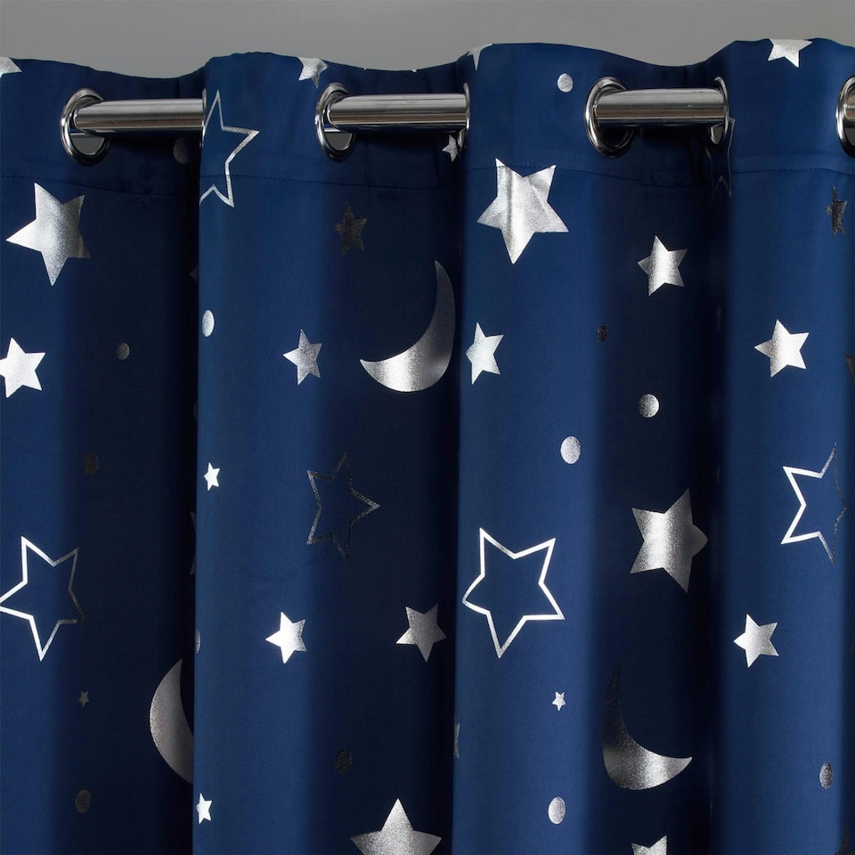 image 1 of OHS Galaxy Print Blackout Eyelet Curtains, 66x90" - Navy Blue