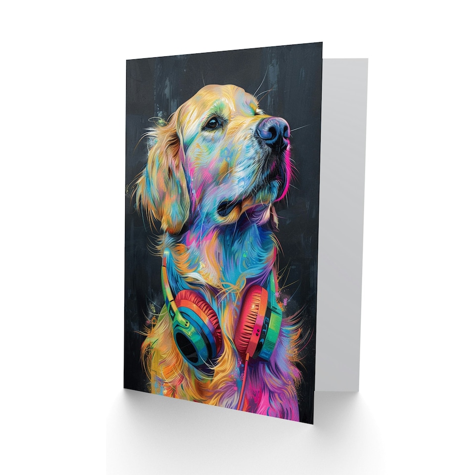 image 1 of Colourful Golden Retriever Headphones Lover Birthday Card