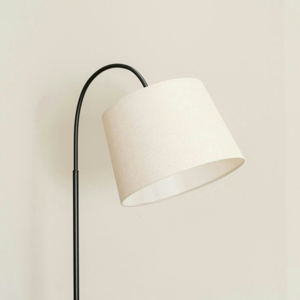 image 1 of ValueLights Crowther Dark Wood Side Table Shelved Tripod Floor Lamp with Fabric Shade