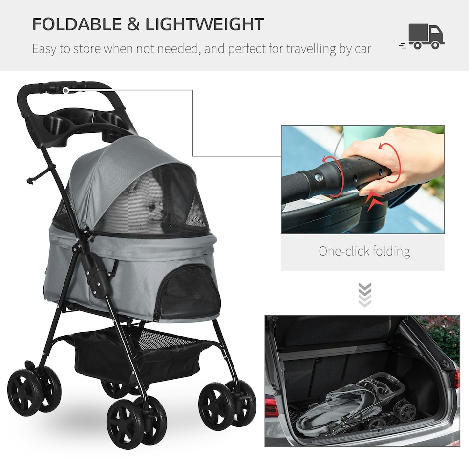 image 1 of PawHut Pet Stroller Foldable Travel Carriage w/ Brake Basket Canopy, Grey