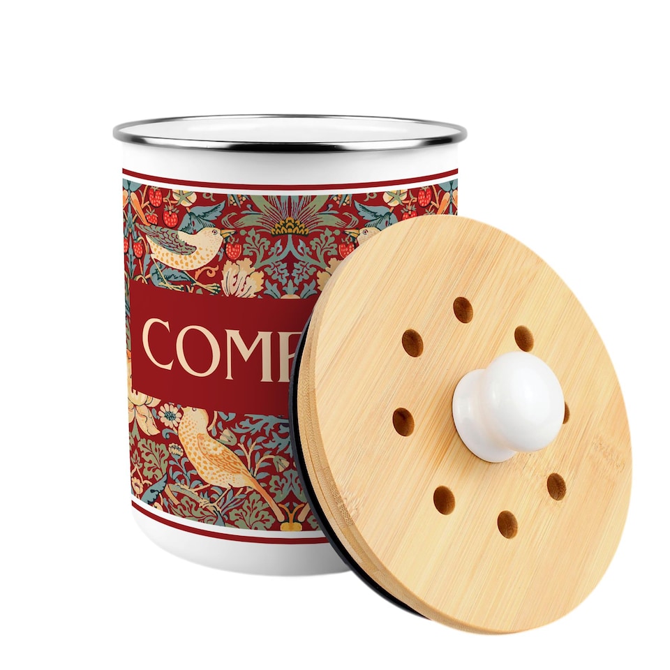 image 1 of Strawberry Thief Compost Caddy - Metal 2L Red Decorative Kitchen Food Waste Bin