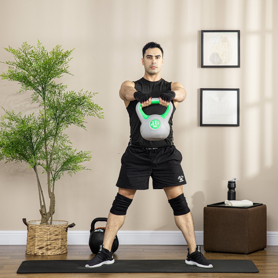 image 1 of SPORTNOW 16kg Kettle Bell with Handle for Home Gym, Green and Grey | Green | Green