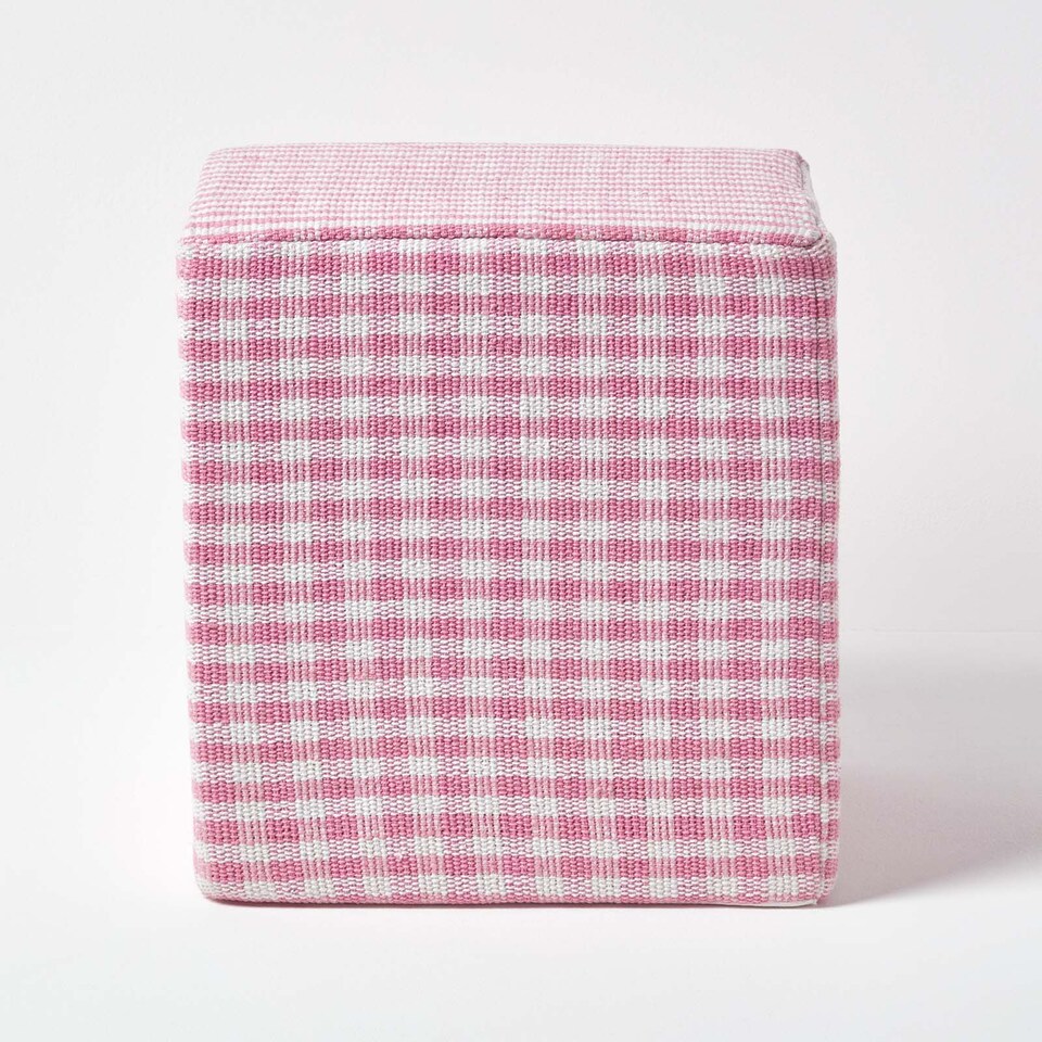 image 1 of Homescapes Pink Gingham Check Cotton Cube Pouffe - 36 x 36 x 38 cm | Pink | 36 x 36 x 38 cm