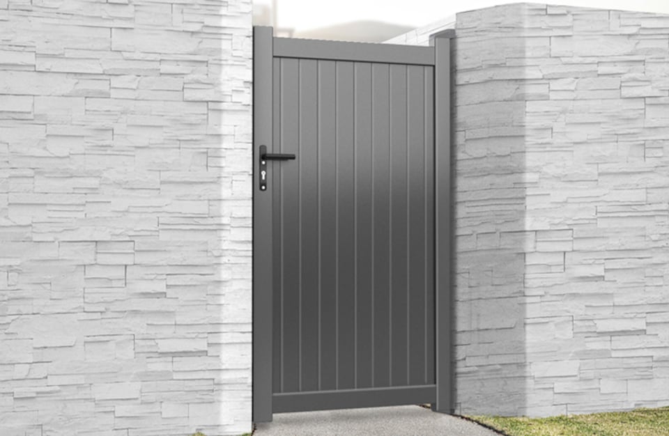 image 1 of Pedestrian Gate 1000x1800mm Grey - Vertical Solid Infill and Flat Top | Grey | 1
