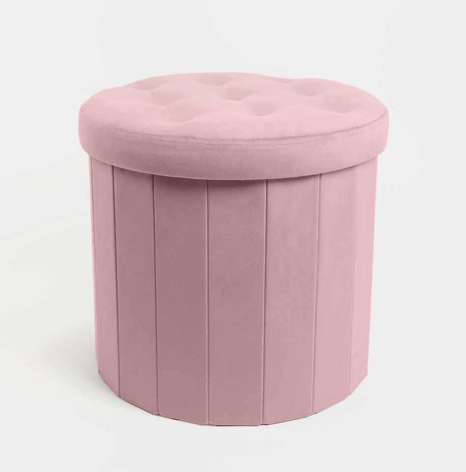 image 1 of OHS Matte Velvet Soft Round Foldable Footstool Seat Storage Organiser Ottoman | Pink | Blush Pink