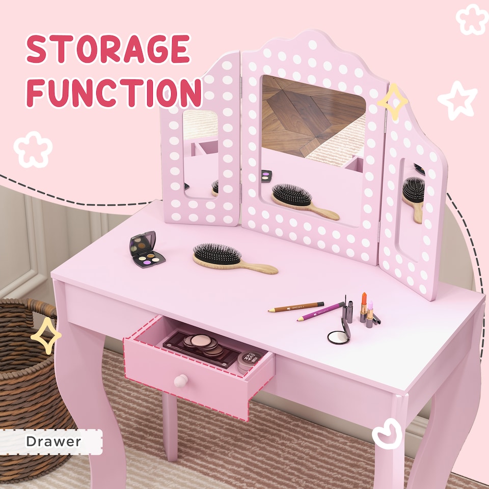image 1 of AIYAPLAY Kids Dressing Table Set Make up w Stool, Drawer, for Playroom | Pink