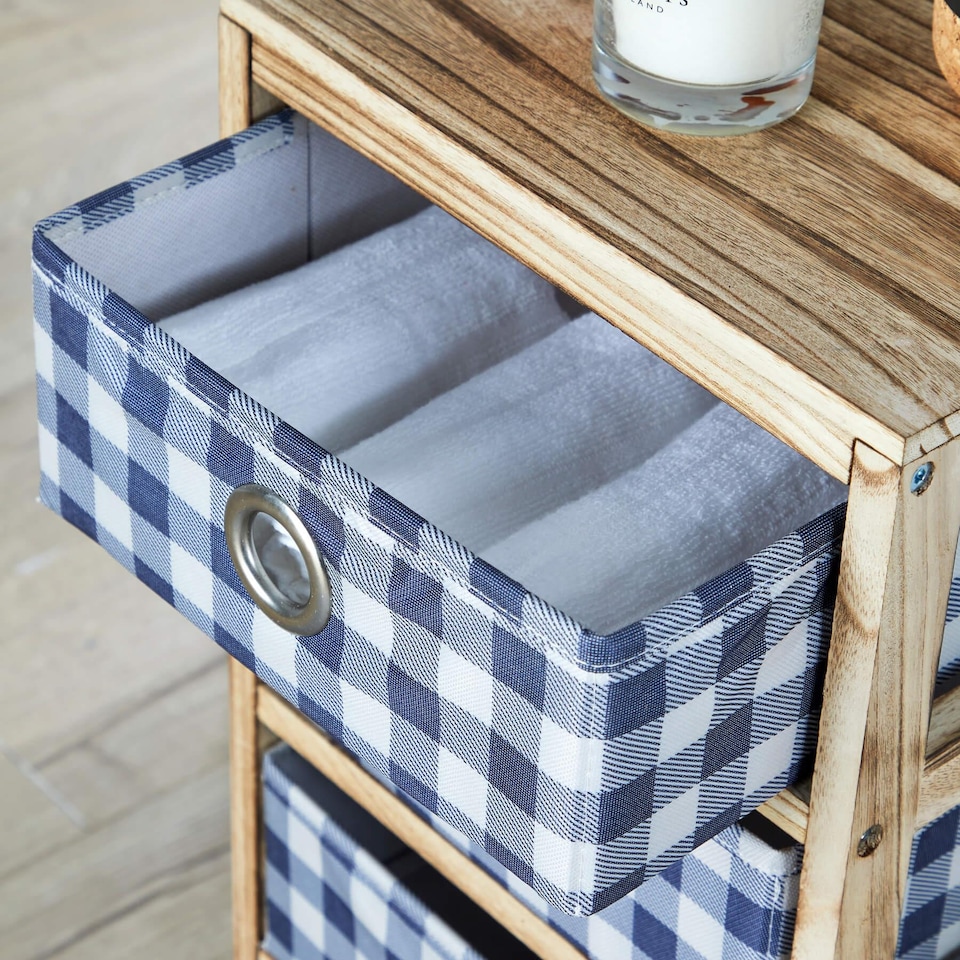 image 1 of Wooden Chest Of Storage Drawers Plaid Fabric Bedroom Organiser Coastal Style | Brown