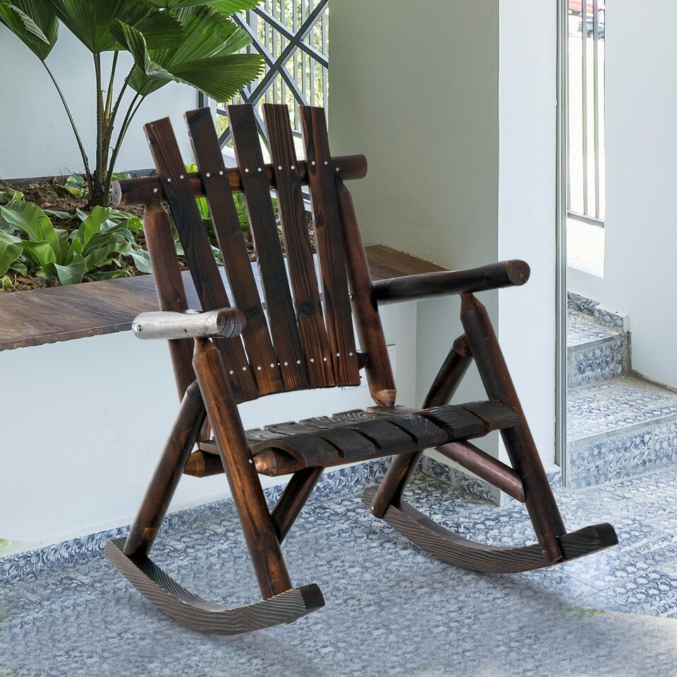 image 1 of Outsunny Fir Wood Rustic Patio Adirondack Rocking Chair Brown