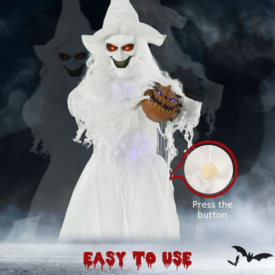 image 1 of Outsunny 74 Inch Halloween Decorations White Witch Holding Pumpkin Head, Standing Skeleton Ghost Prop Life Size with Light Up Eyes and Body