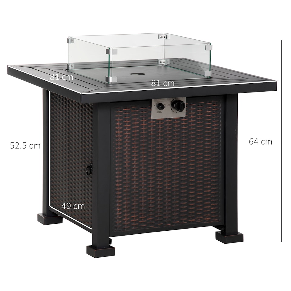 image 1 of Outsunny Square Propane Gas Fire Pit Table, 50000 BTU Rattan Smokeless Firepit Patio Heater with Glass Screen, Glass Beads and Lid, 81cm x 81cm x 64cm, Black
