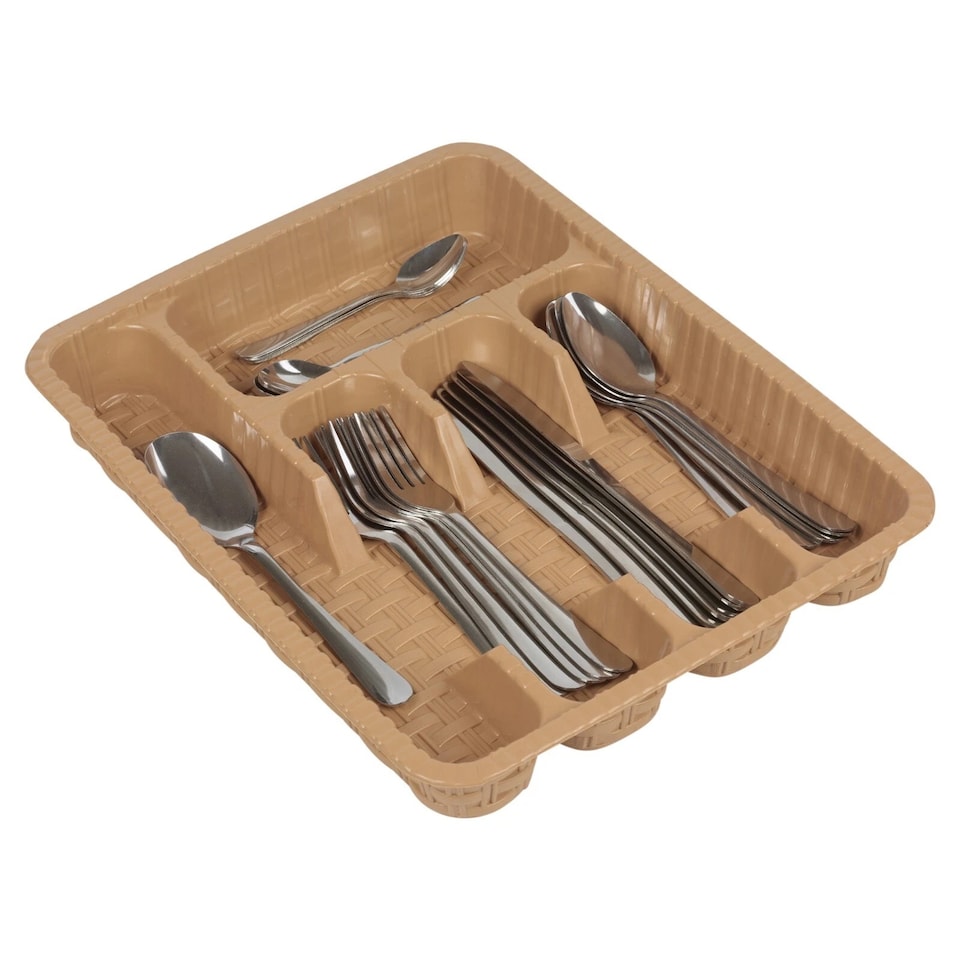 image 1 of Plastic Woven Rattan Cutlery Utensils Holder Flatware Drawer 5 Section Organiser | Multi | Beige