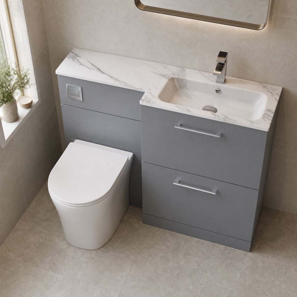 image 1 of Balterley Bramshall Contemporary Floor Standing 2 Drawer Vanity Basin WC Combination Unit, Carrera Marble Stone Basin, Right Hand, 1100mm, Satin Grey