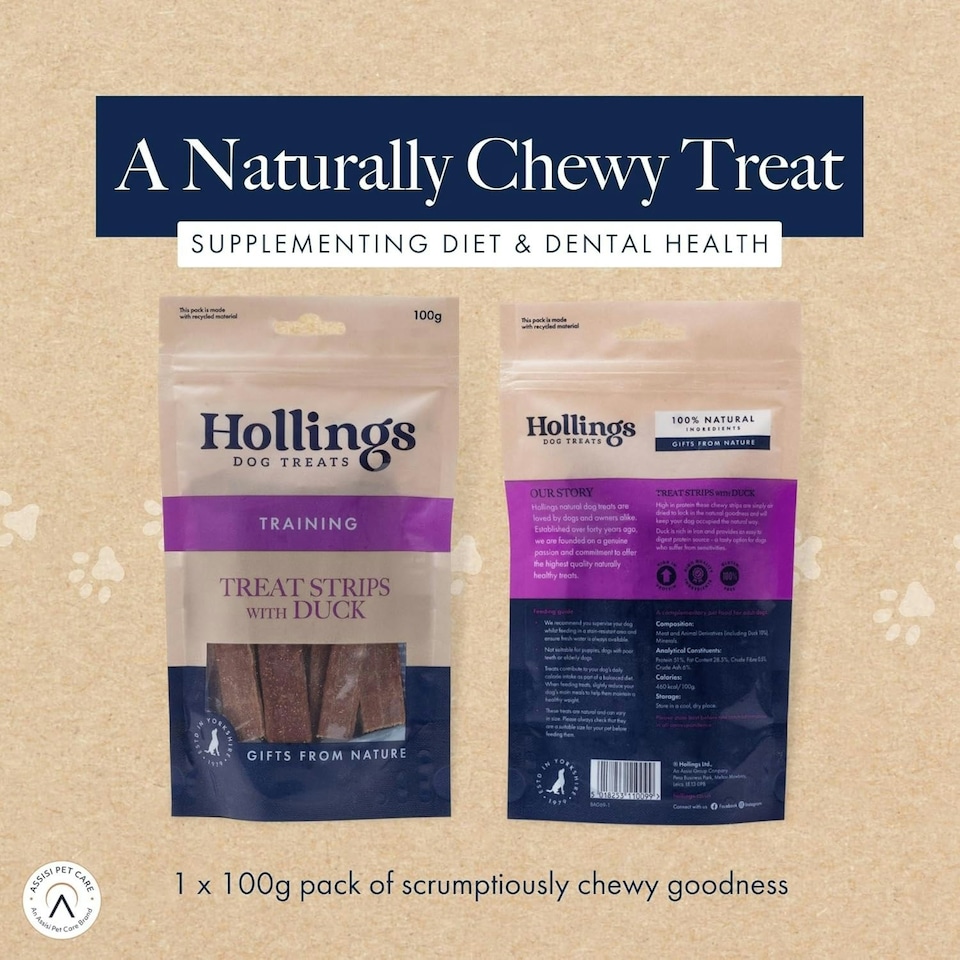 image 1 of Hollings Treat Strips with Duck Dog Training Treats, 100% Natural, Air Dried Duck Strips for Adult Dogs, Gluten Free & High in Protein (100g)