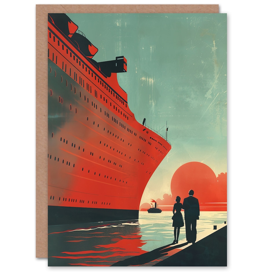 image 1 of Greeting Card Cruise Ship Sunset Harbour Red Blue Travel Farewell