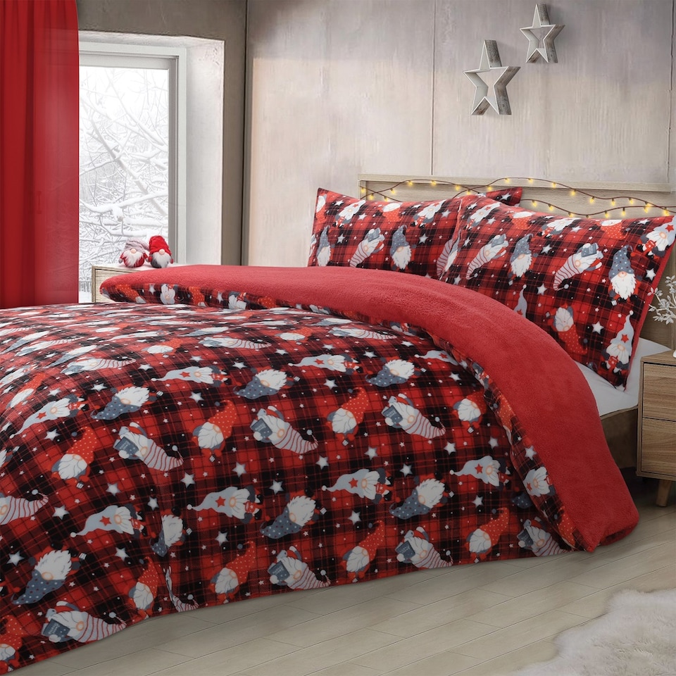 Homes Linen Christmas Gonks Teddy Fleece Duvet Cover Set Soft Warm Cosy Festive Bedding Set | Red | King